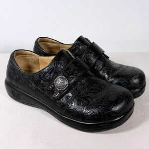 Alegria EU 37 US 6.5-7 Paloma Black Embossed Rose Leather Mary Jane Clogs Shoes